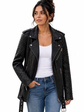 One Teaspoon Black Quilted Leather Moto Jacket size S-M